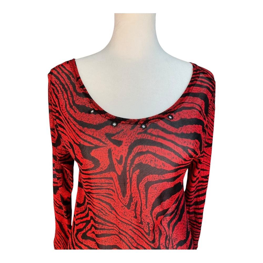 MAX and RINA Red/Black Sheer Long-shelve Blouse Sz S